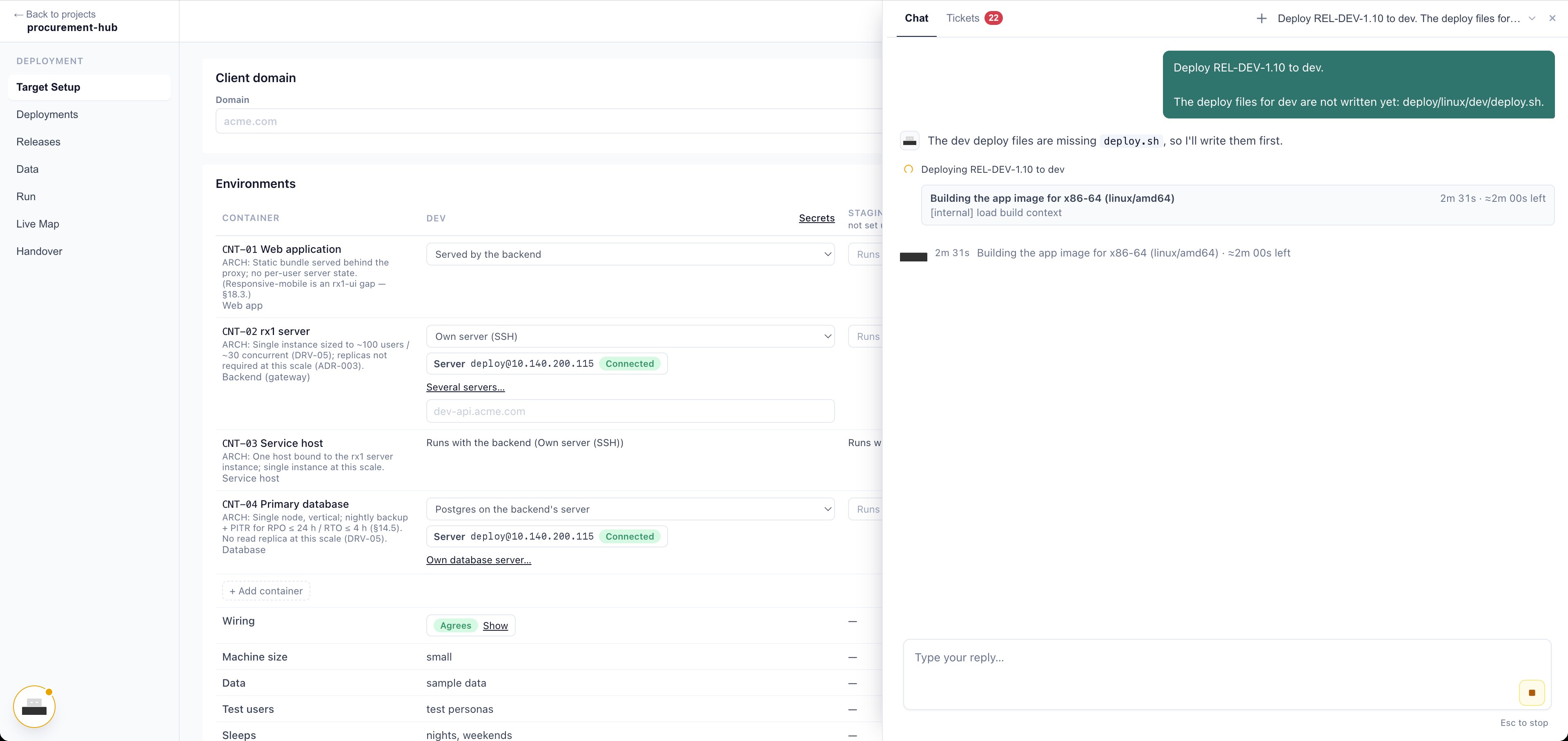 Defender Deployment studio with the AI agent deploying a release