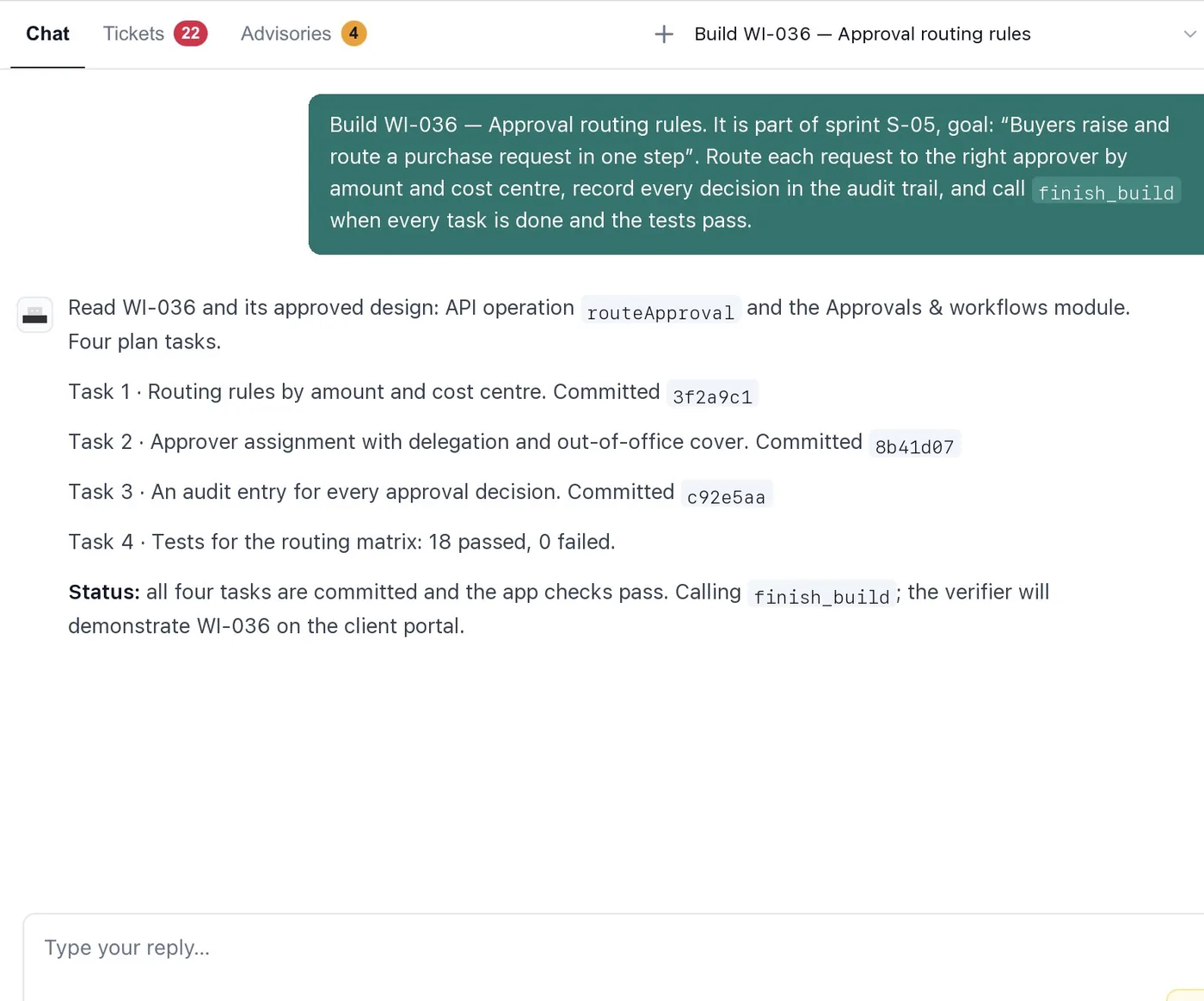 A builder agent reporting committed tasks and passing tests