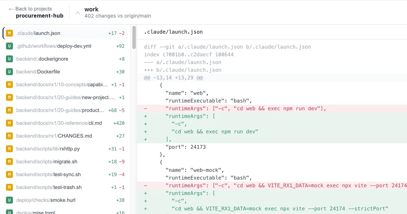 Source control showing changed files and a diff