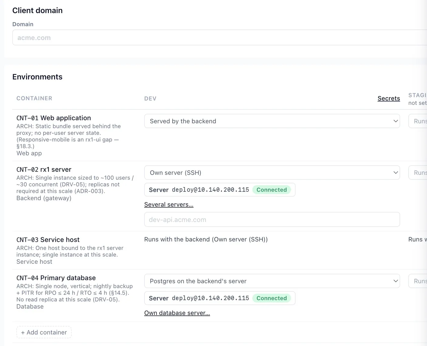 Deployment targets for each part of the app, with connected servers