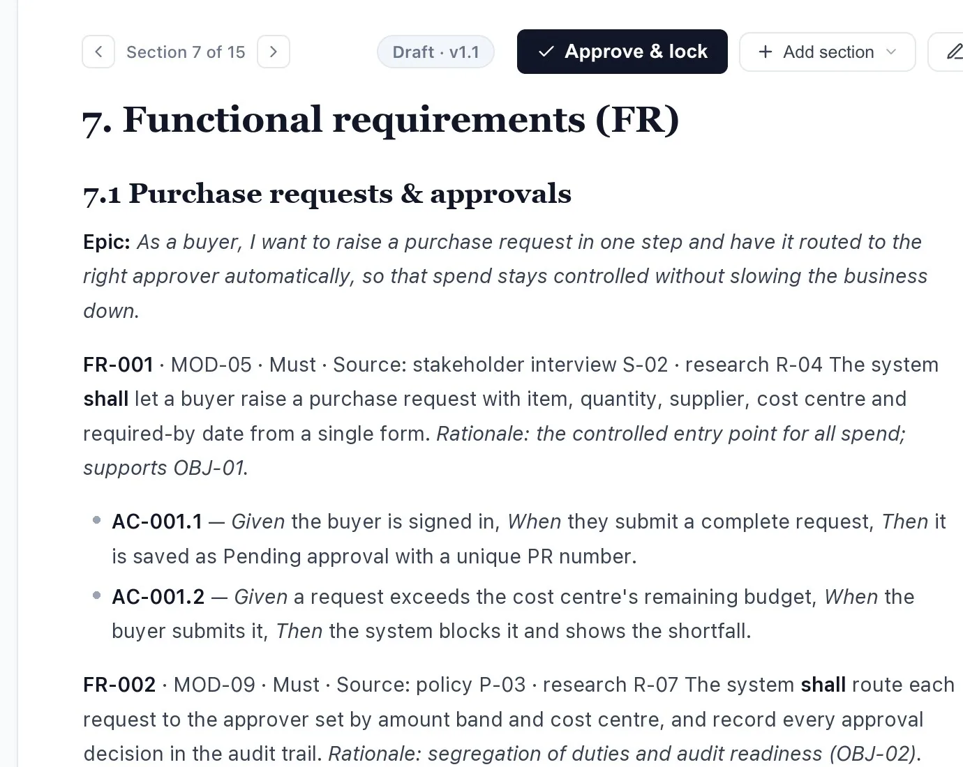 A requirements document in the Studio, with an Approve and lock button