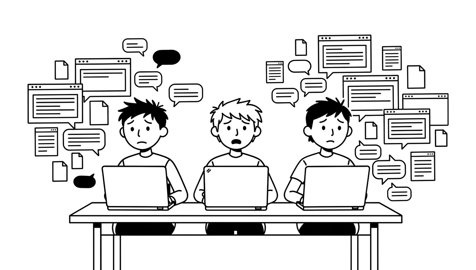 Three people at laptops surrounded by windows, chat bubbles and documents