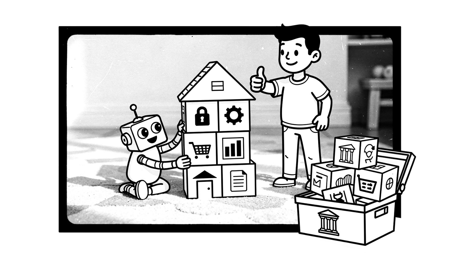 A robot building a toy house from ready-made blocks with icons, a toy box of more blocks beside it, and a person giving a thumbs up