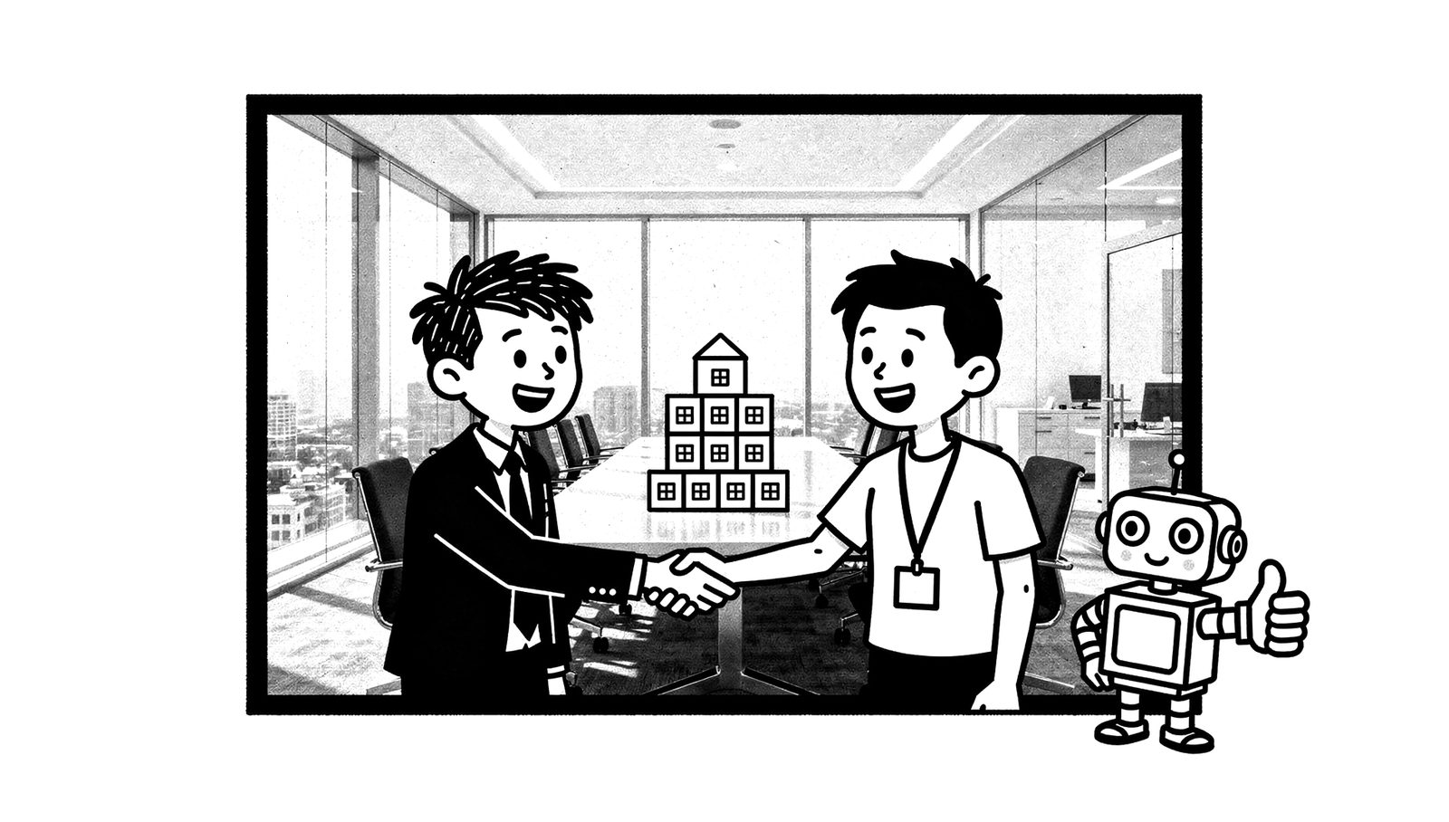 Two people shaking hands in a meeting room, with a finished house of blocks on the table and a robot giving a thumbs up