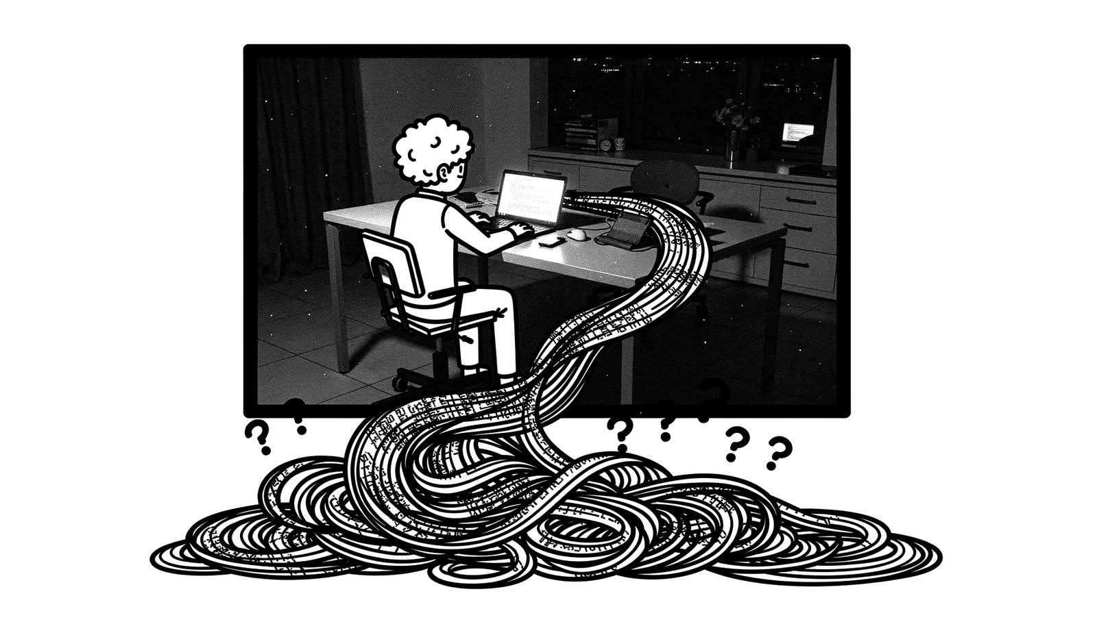 A developer at a laptop at night, with a huge ribbon of code piling up on the floor under question marks