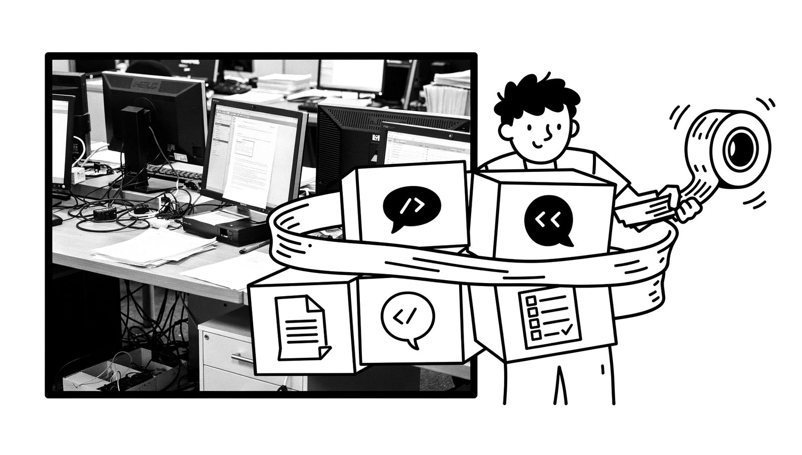 A person taping together boxes for documents, chat, code and checklists