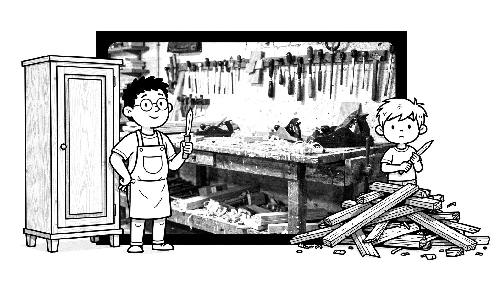A woodworking workshop: a master carpenter with a chisel beside a finished cabinet, and a beginner with the same chisel beside a pile of splinters