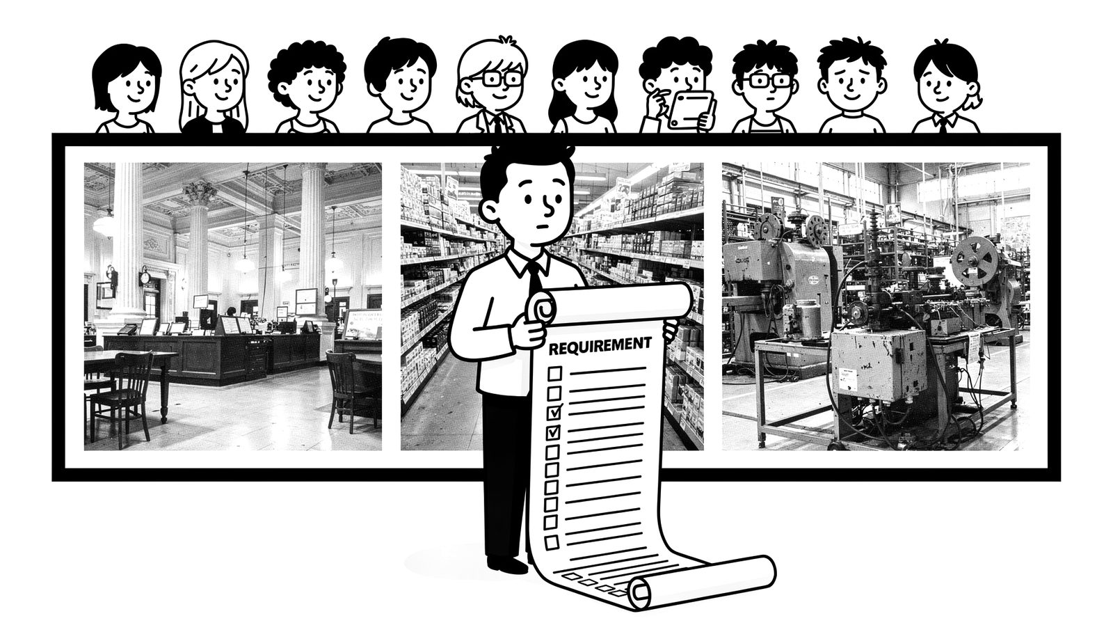 A bank hall, a retail store and a factory floor, with a consultant unrolling a long list of requirements