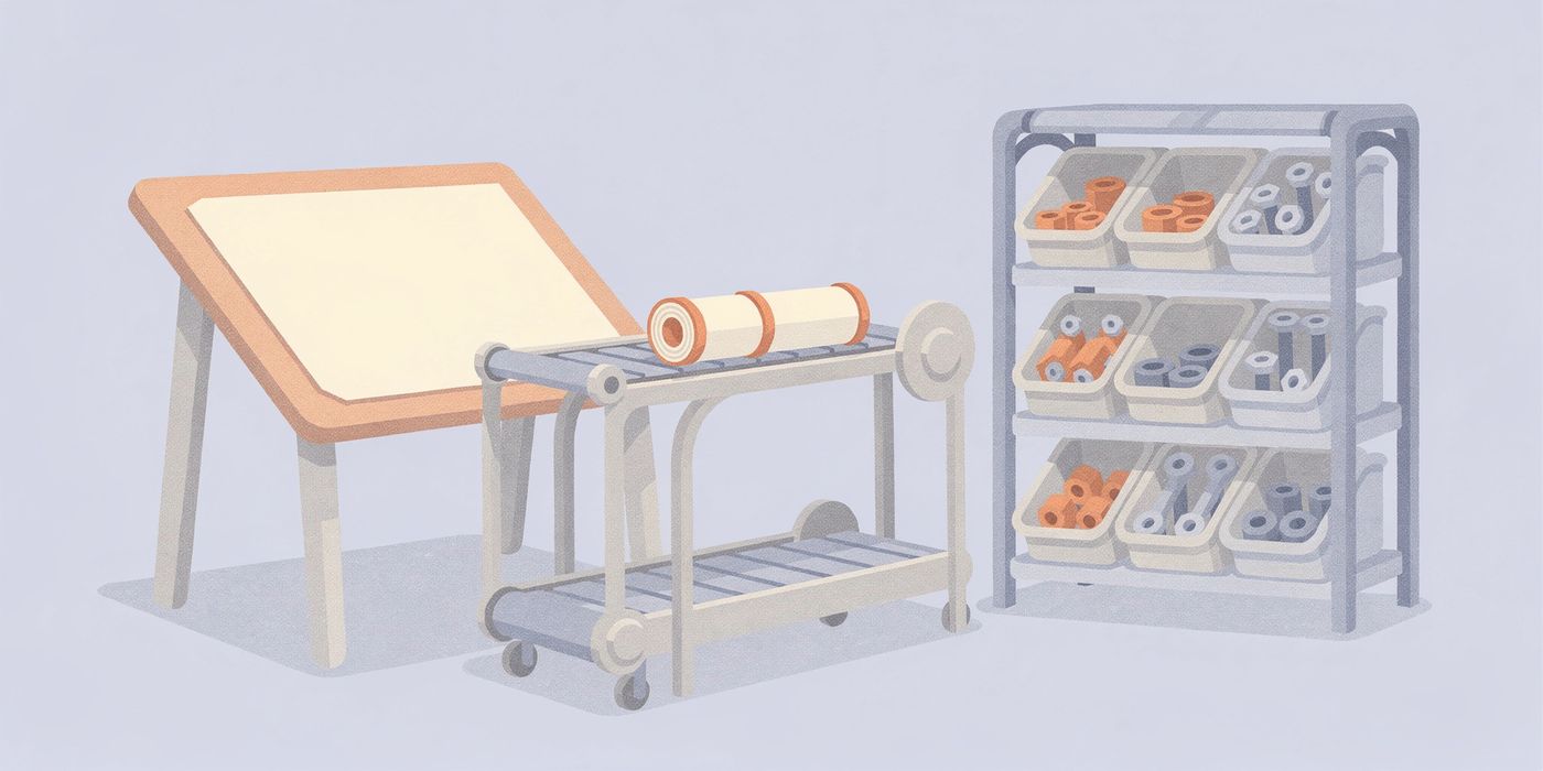 A drafting table and a factory parts shelf connected by a short conveyor carrying a rolled drawing