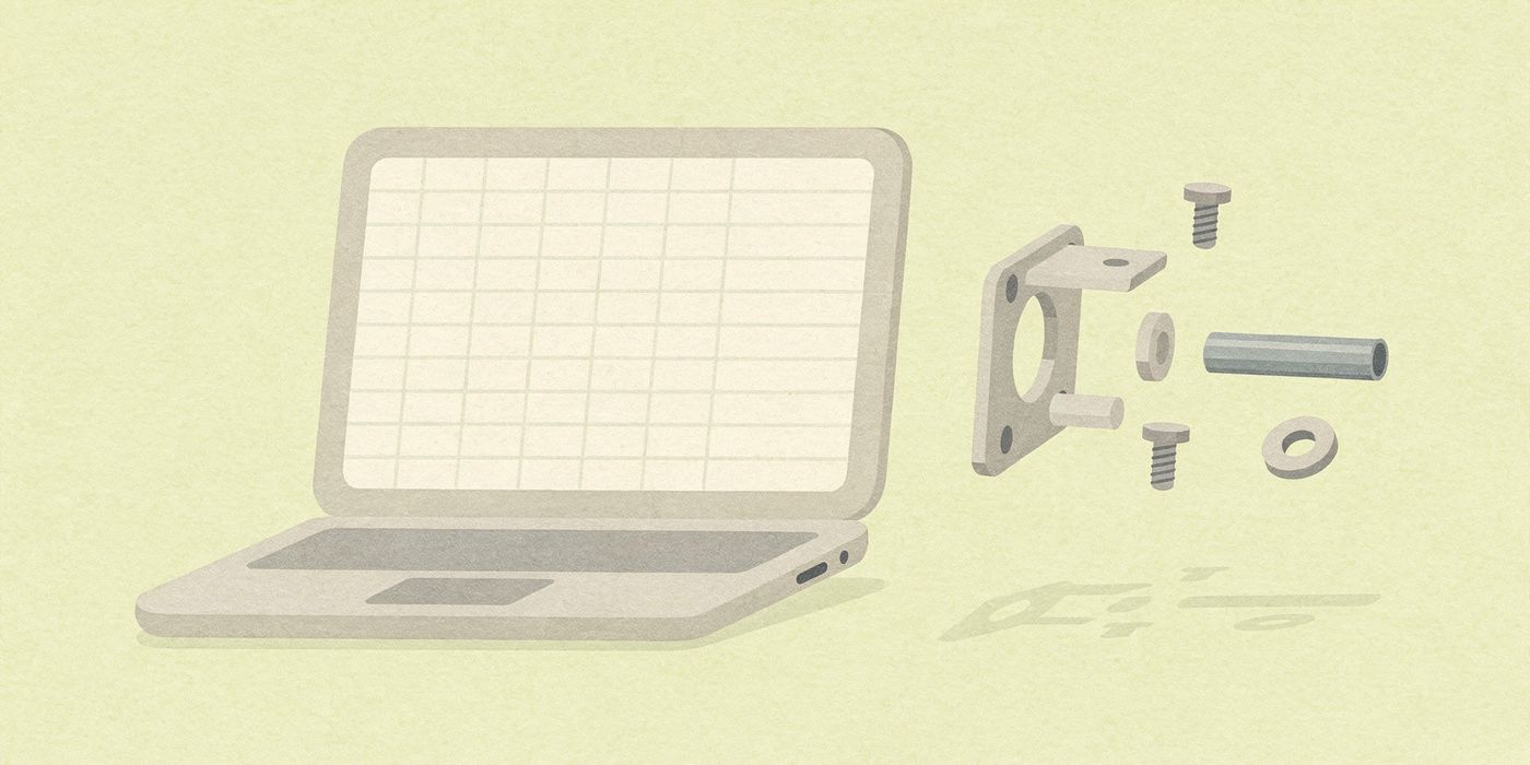 A laptop showing an empty spreadsheet beside a mechanical assembly exploded into its parts
