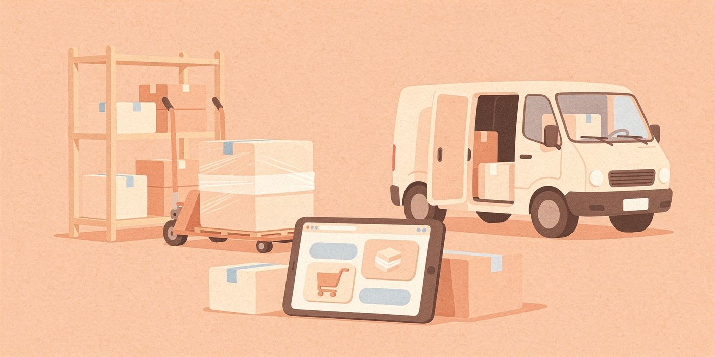 A warehouse shelf, a wrapped pallet, a delivery van and a tablet showing a shopping cart