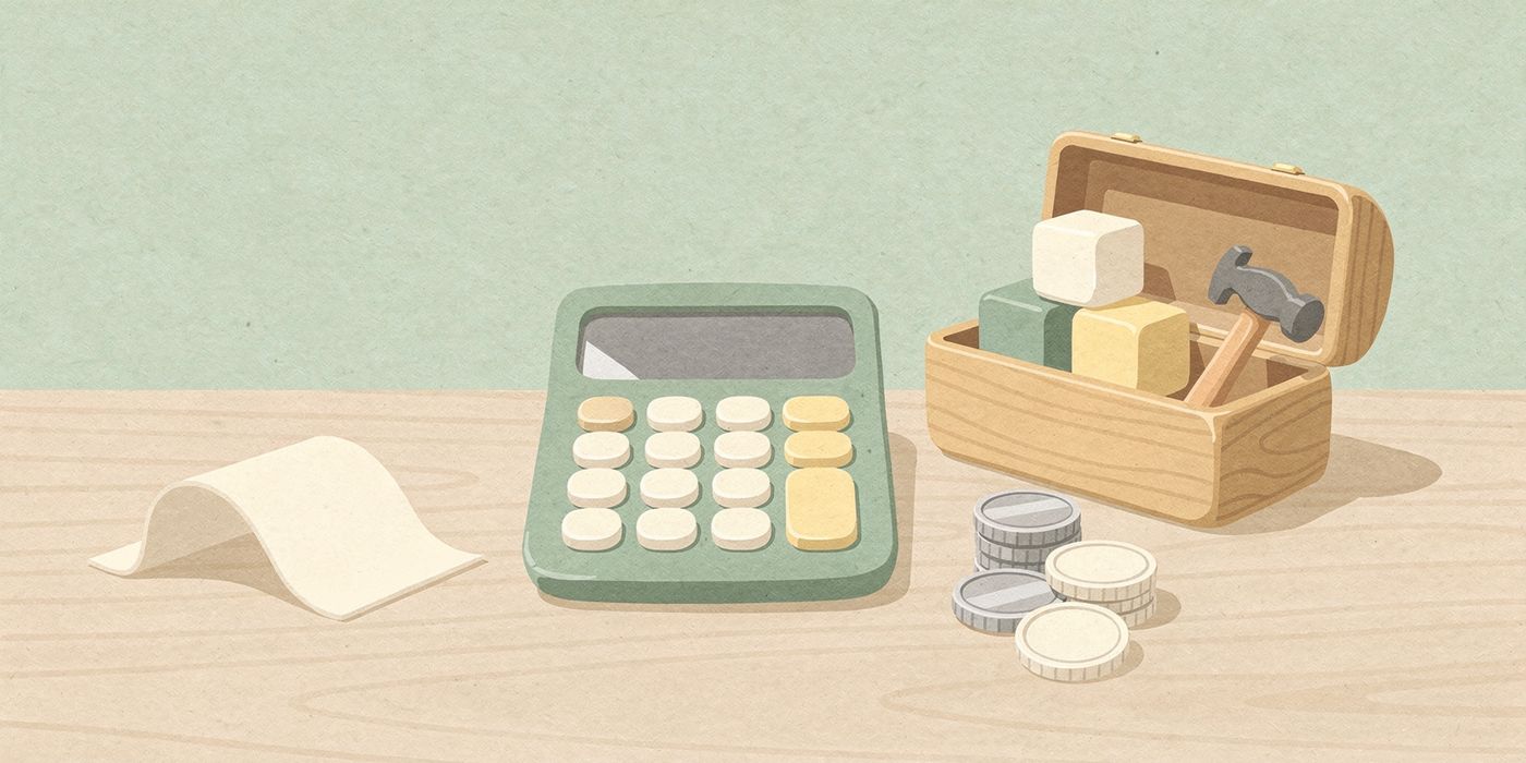 A calculator, a receipt and a few coins on a desk beside a small toolbox of building blocks