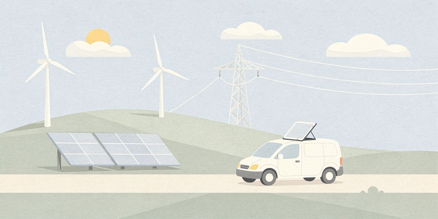 Wind turbines, a power pylon and solar panels on a hillside with a utility service van