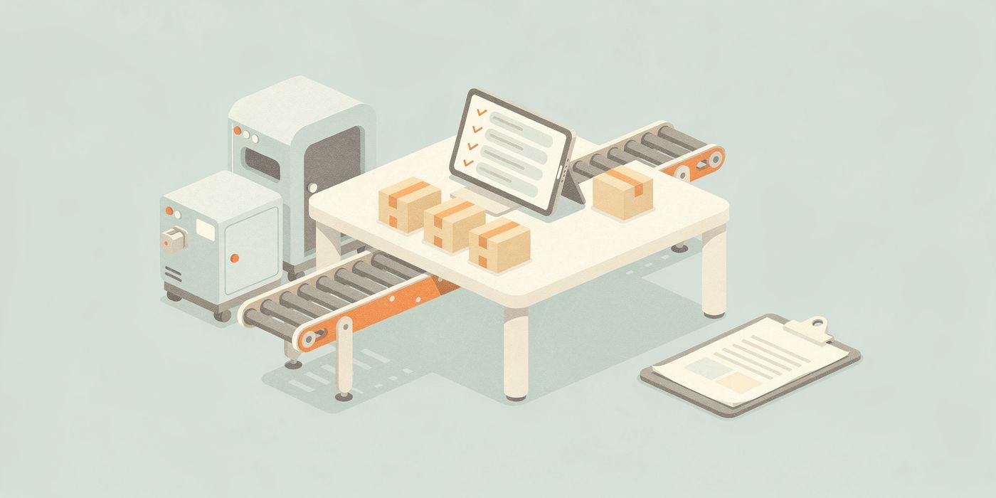 A factory workbench with a conveyor and a tablet checklist, an old clipboard set aside