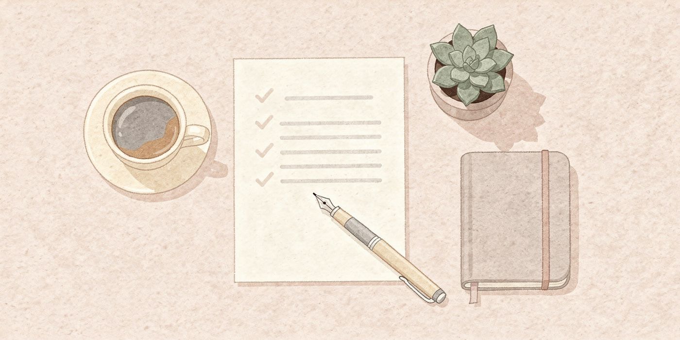 A desk with a ticked checklist, a pen and a coffee cup