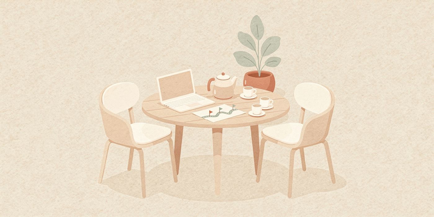 A round meeting table with chairs, a laptop, a roadmap sheet and a teapot
