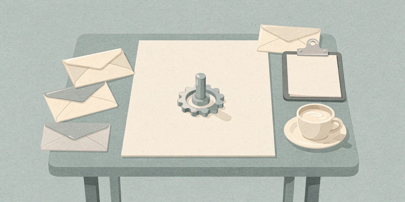 A drafting table with a gear assembly model surrounded by envelopes, a clipboard and a coffee cup