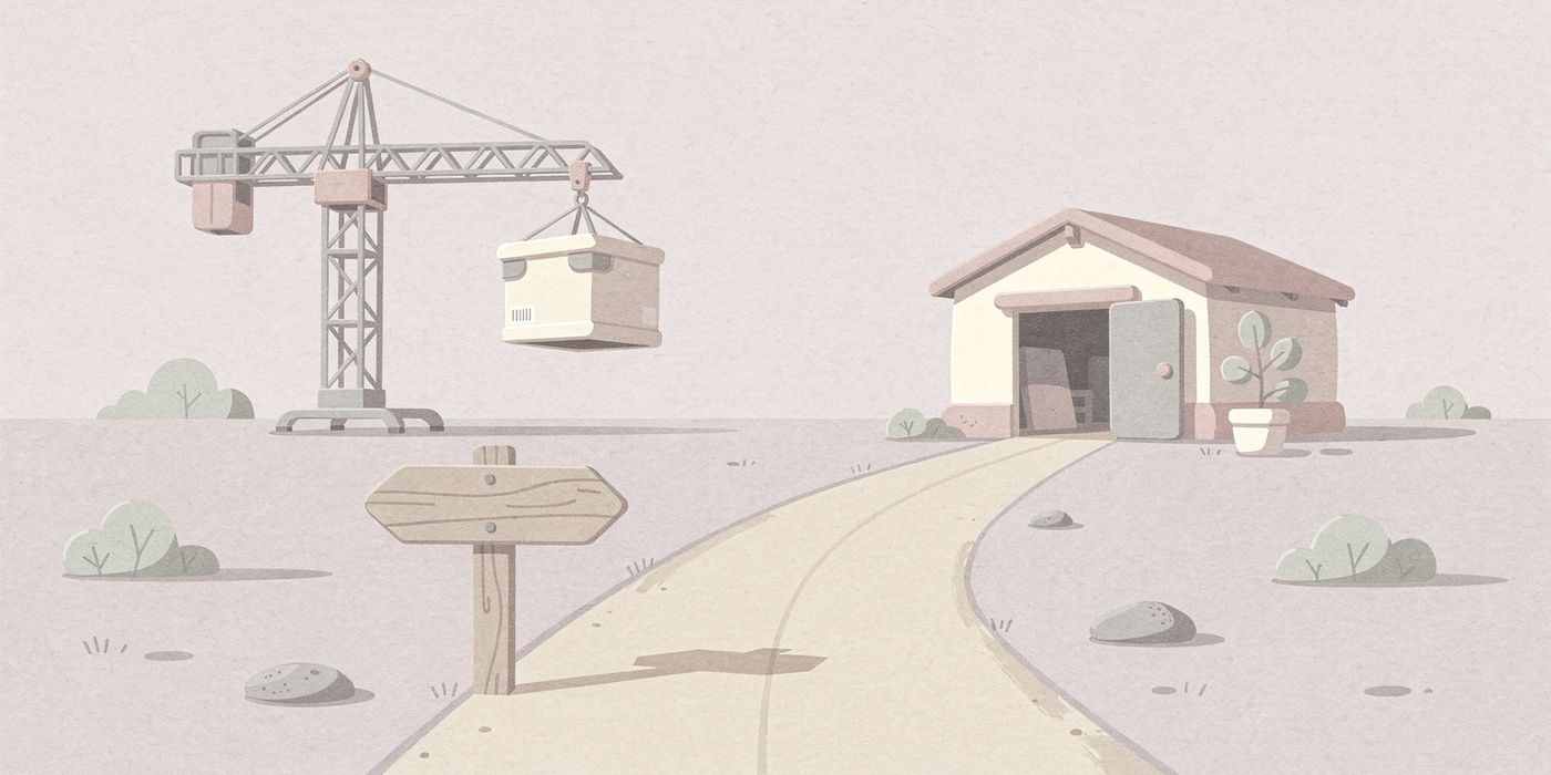 A crane lifting a heavy crate and a small tidy workshop, with a blank signpost beside the road