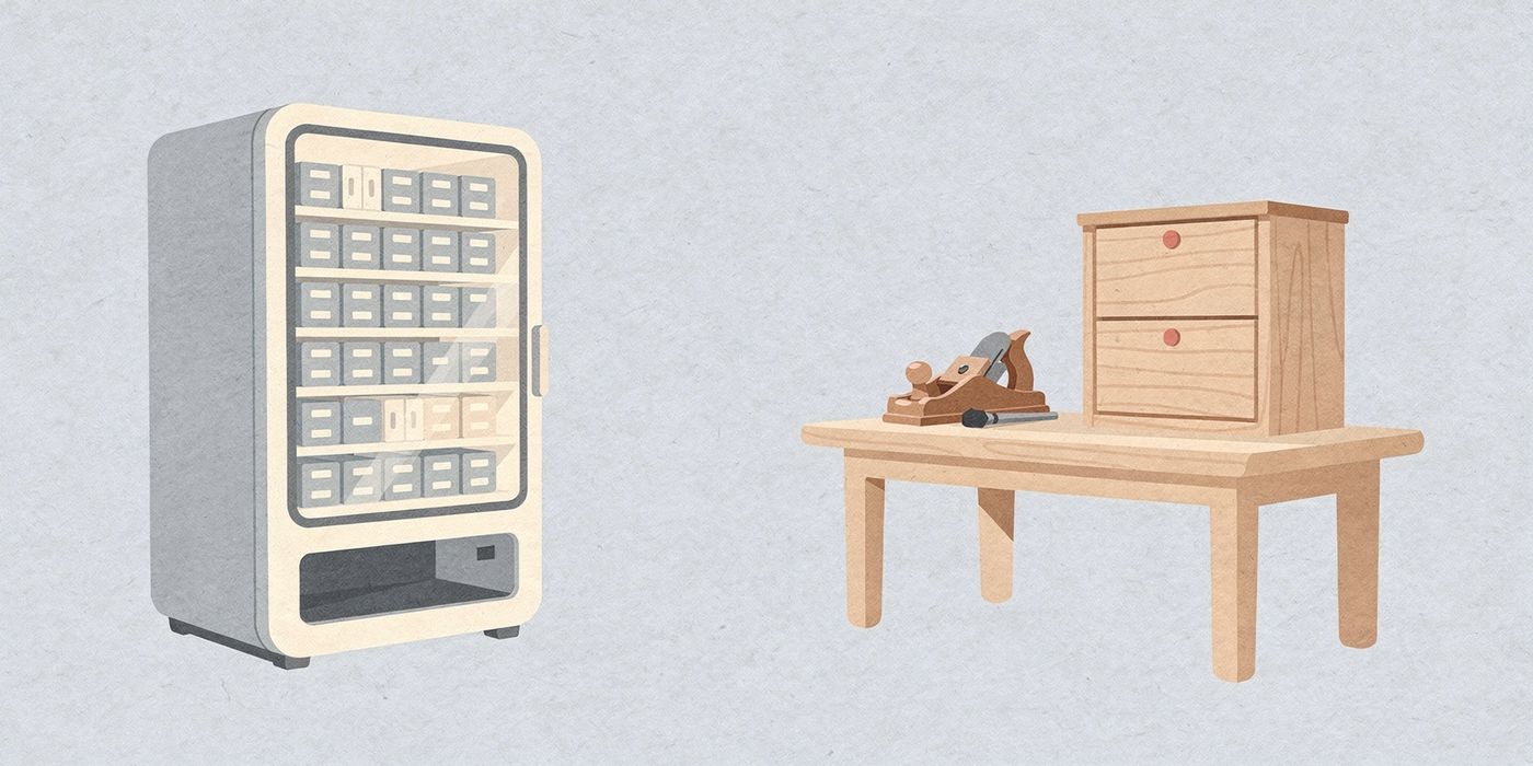 A vending machine full of identical boxes beside a workbench with a hand plane and a made-to-measure wooden cabinet