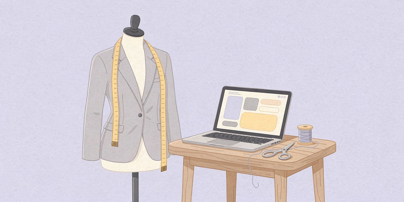 A tailor's dress form in a fitted blazer next to a laptop showing a simple app