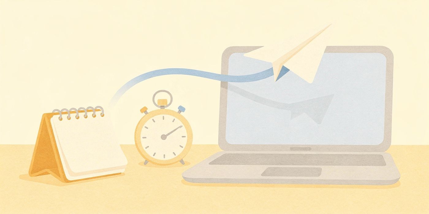 A desk calendar with blank pages, a stopwatch and a paper airplane taking off from an open laptop