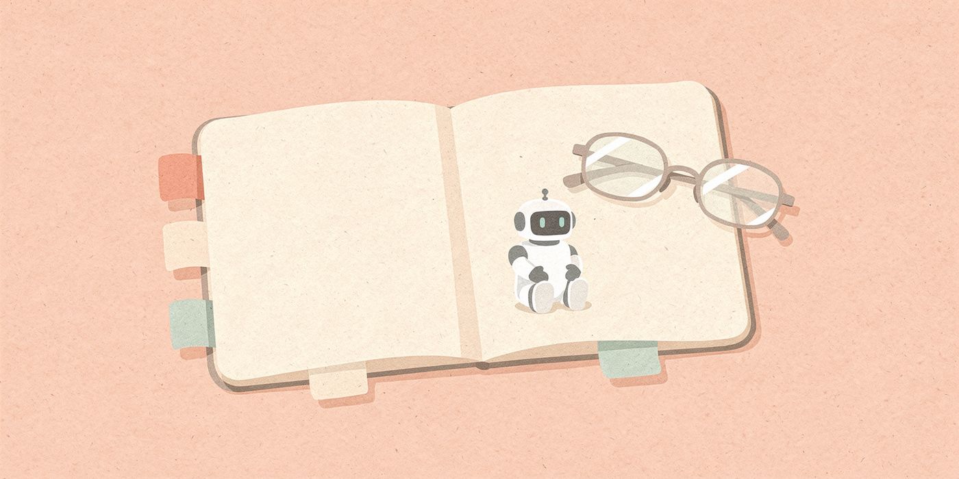 An open notebook with colored tabs, a pair of reading glasses and a small friendly robot sitting on the page